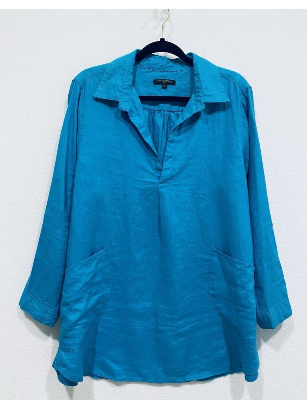 For Cynthia Top Womens 2X Teal Blue Tunic Linen Pockets Beachy Lagenlook Boho - Picture 2 of 9